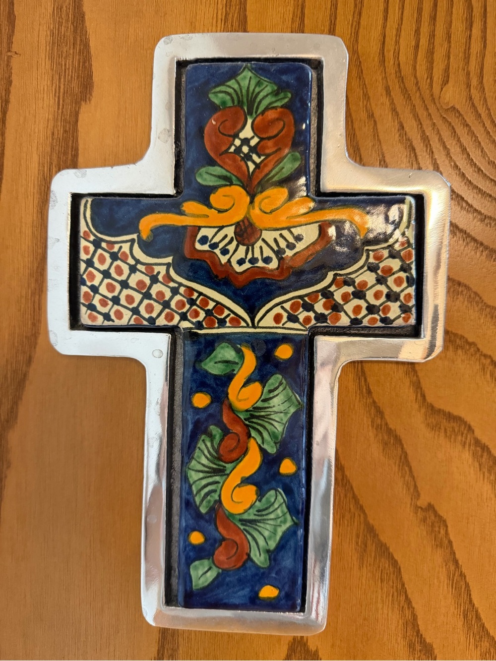 Hand-Painted Talavera-Style Ceramic Tile &Metal Cross 10.5”Blue Green Org Silver